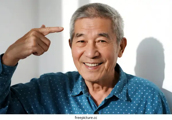 Elderly man with gray hair pointing at his head