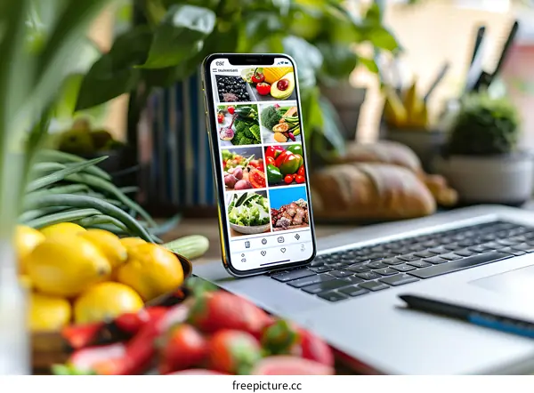 Fresh Fruits and Vegetables on a Laptop with Phone Displaying Food Photos