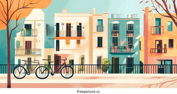 Colorful Buildings with Balconies and Bikes