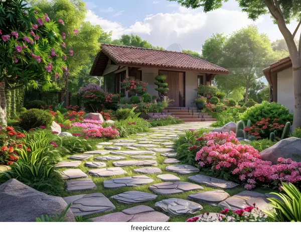 Stone Path Leading to a Quaint Cottage in a Lush Garden