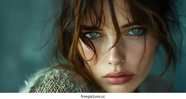 portrait of a young woman with freckles and green eyes