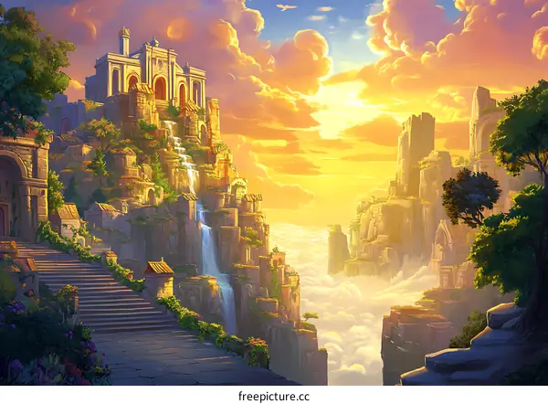 Fantasy Cityscape with Waterfall and Sunset