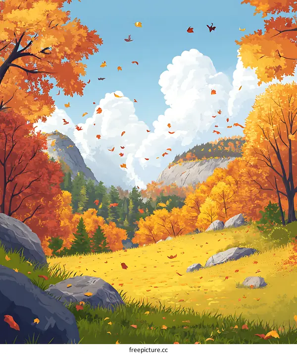 Autumn Landscape with Mountains and Falling Leaves