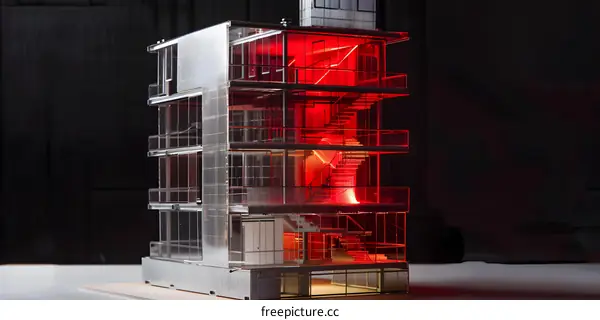 Glass and Metal Model of a Modern Building with Red Lighting