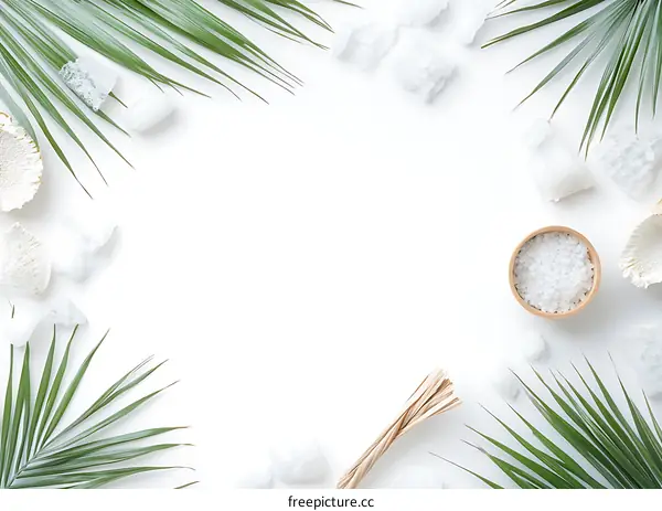Tropical Summer Spa Background With Green Palm Leaves, White Salt And Seashells