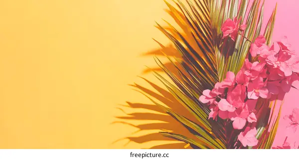 Tropical Flowers and Palm Leaf on Yellow and Pink Background