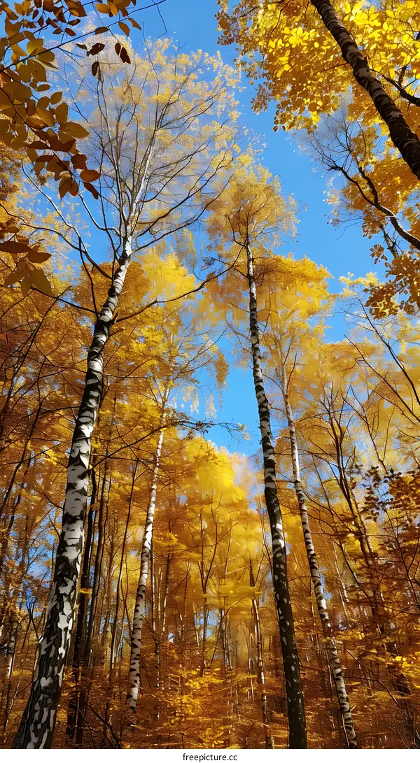 Looking up at the golden autumn forest