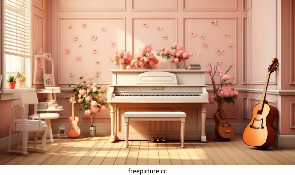 Pink Music Room with Piano, Guitar, and Flowers
