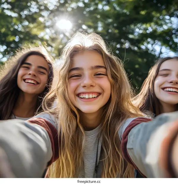 Three Young Girls Smiling For Selfie in Park