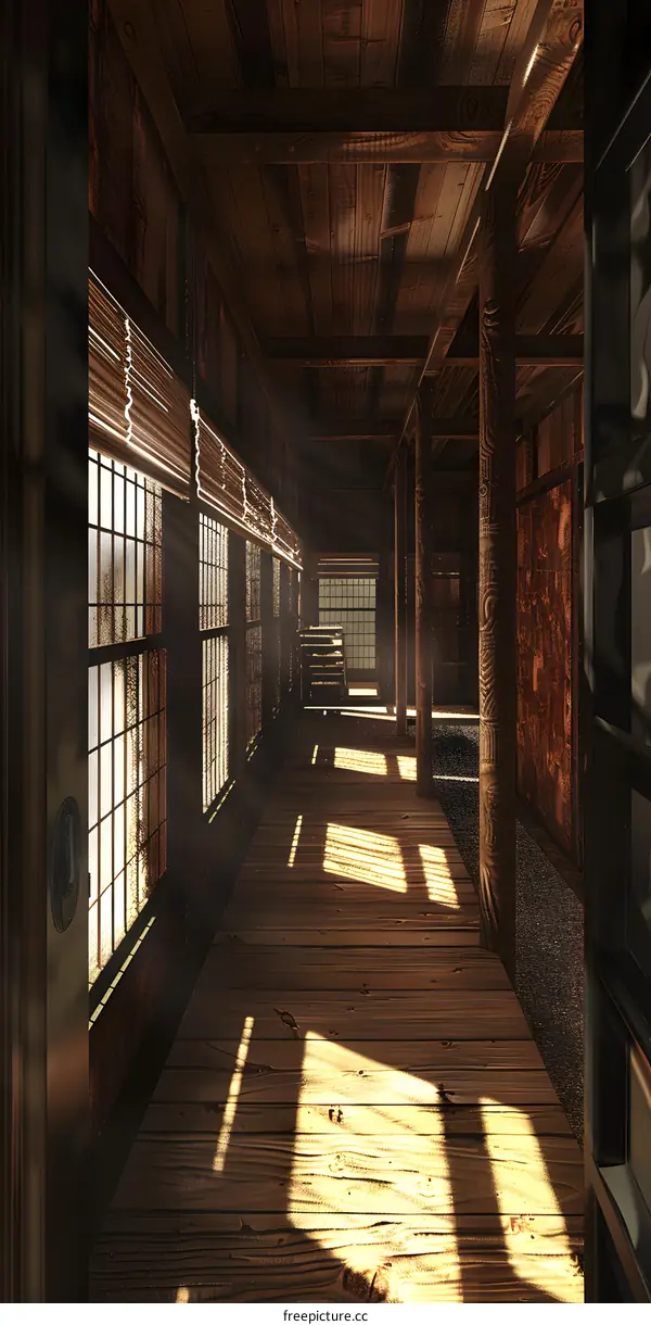 Wooden Corridor with Sunlight Streaming Through Windows