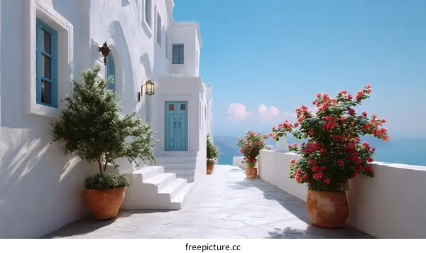 Whitewashed Greek Village Pathway with Ocean View