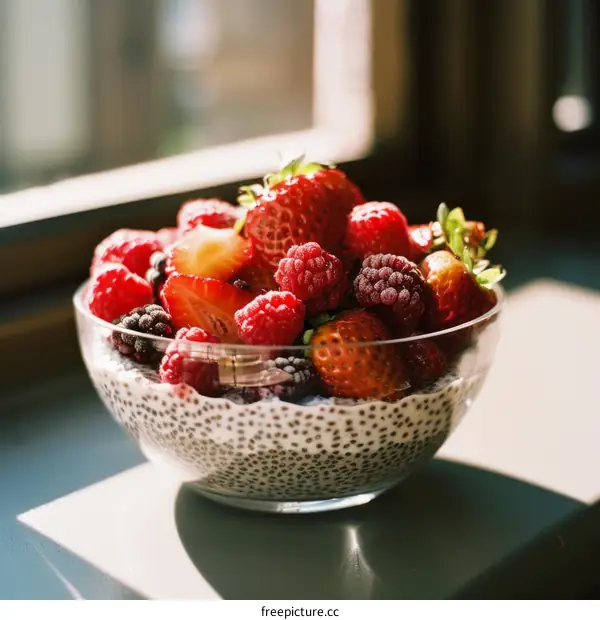 Chia seed pudding topped with fresh berries