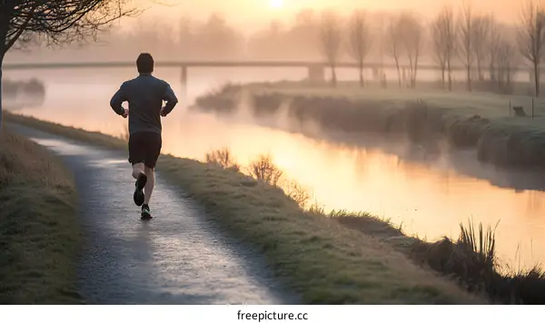 Man Running by River at Sunrise with Fog