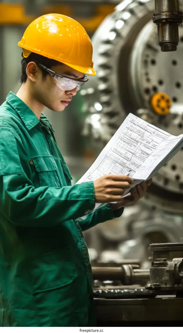 Factory Worker Studying Blueprint in Industrial Setting