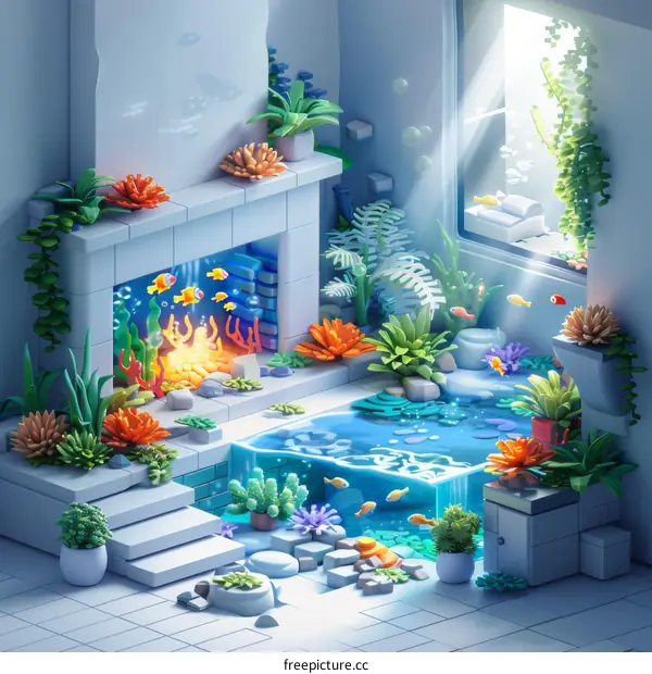 3D Rendering of a Modern Room with Fireplace, Window, and Pool