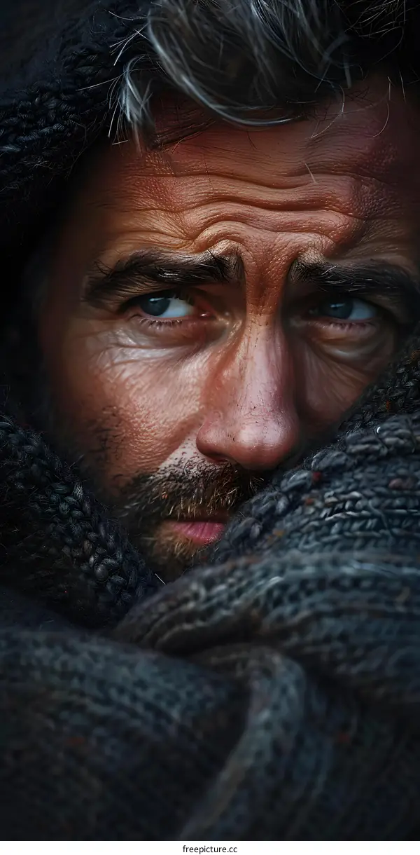 Close Up Portrait of a Man with a Knitted Scarf