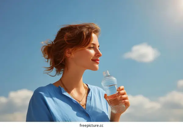 Woman Drinking Water Outdoors Under Blue Sky
