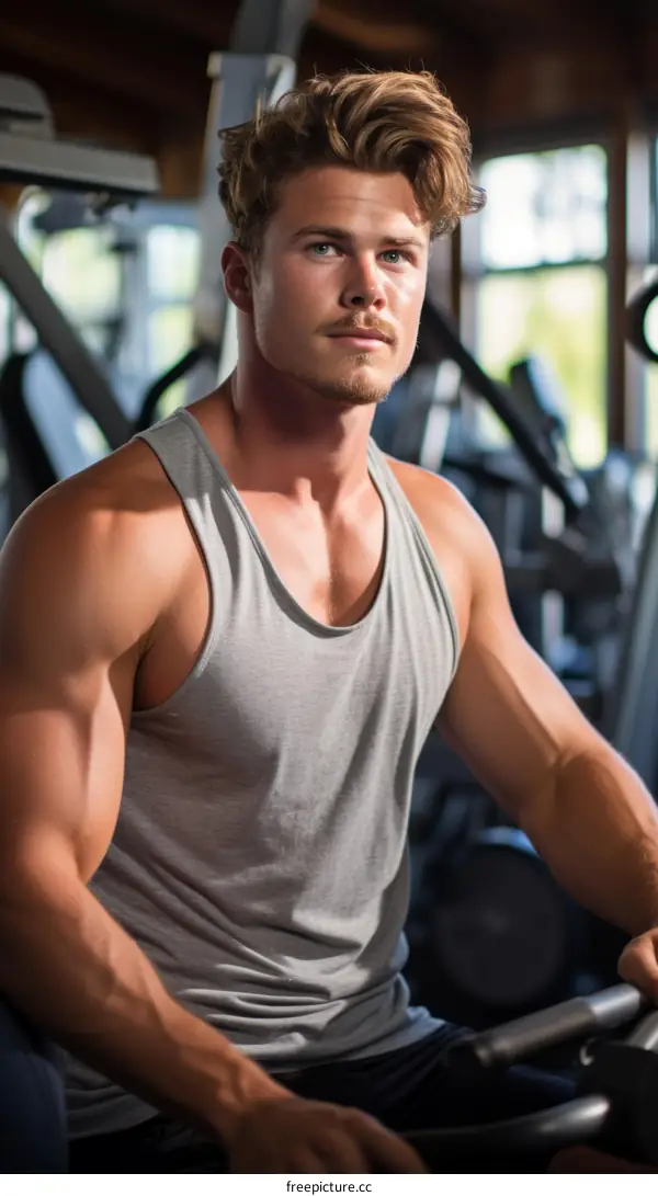 Handsome muscular man in a gray tank top sitting on a gym machine