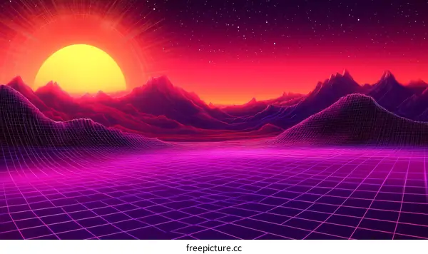 Retro Futuristic Landscape Sunset Scene