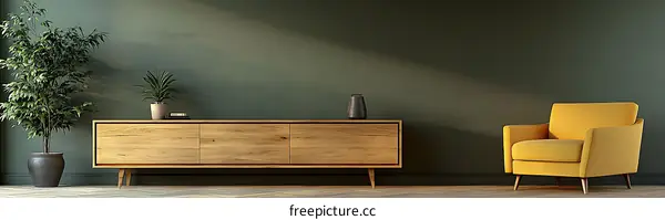 Modern Living Room Interior Design with Wooden Cabinet and Yellow Armchair