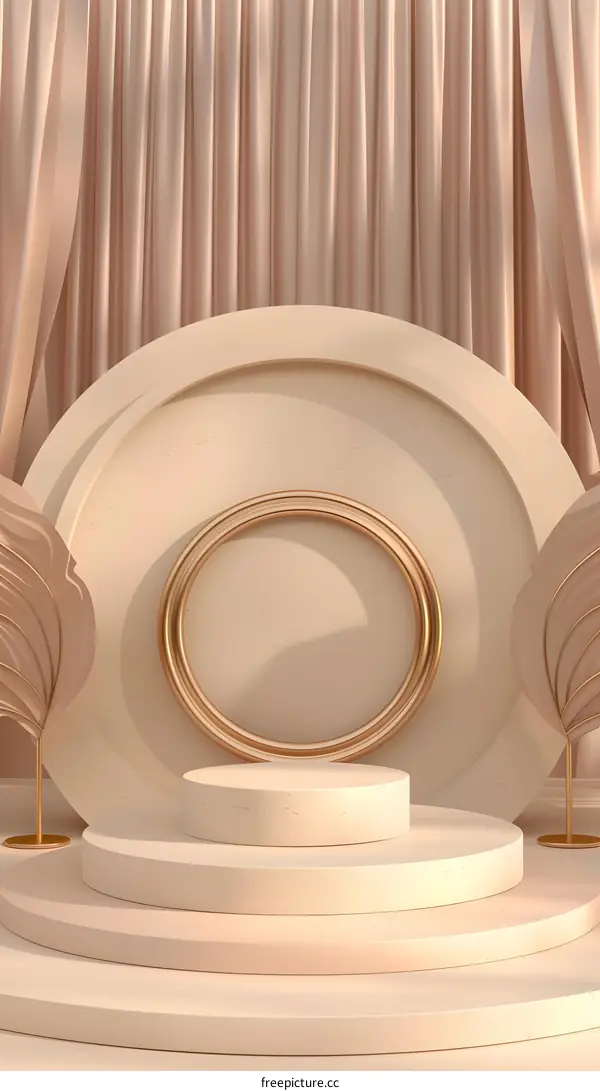 Abstract Beige Background with Golden Circle and Round Pedestal