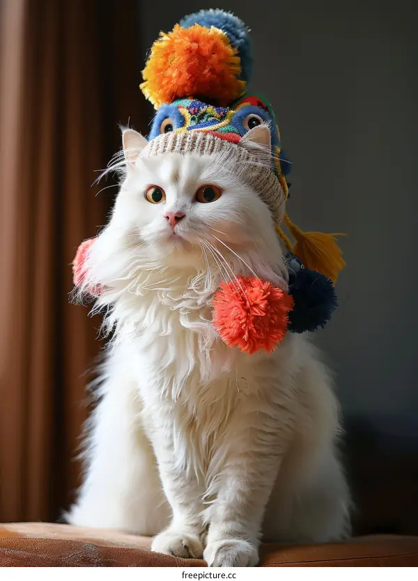 White Cat Wearing a Colorful Hat