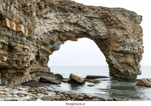 A large rock arch on the beach in Dover, England