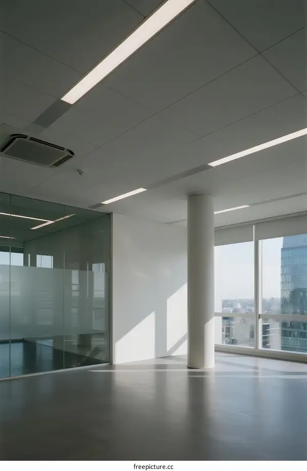 Modern Office Space with Bright Lighting and Large Windows