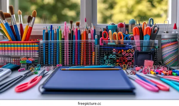 A colorful array of office supplies and art materials arranged on a white table