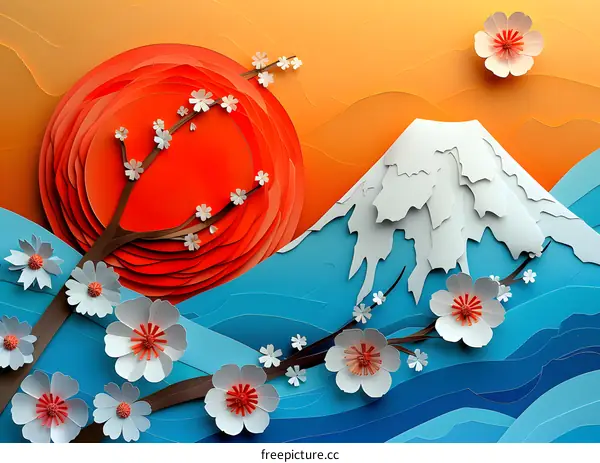Paper Cutout of Mount Fuji and Cherry Blossoms