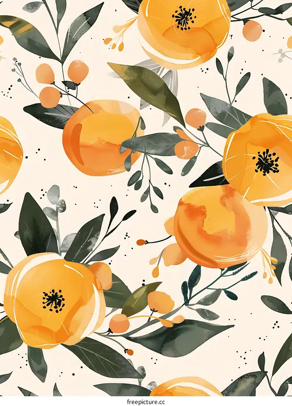 Watercolor Floral Seamless Pattern With Orange And Green Colors