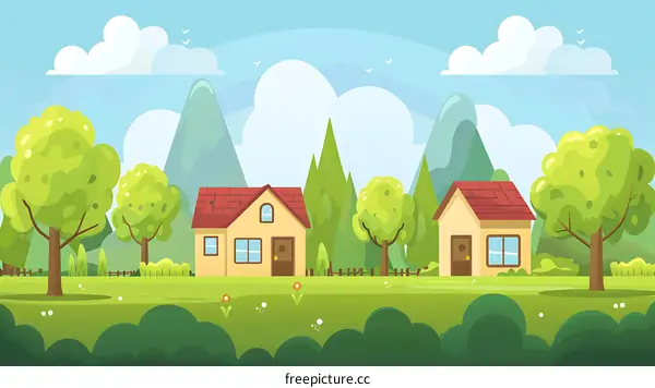 Cartoon Illustration of a Green Rural Landscape with Two Houses