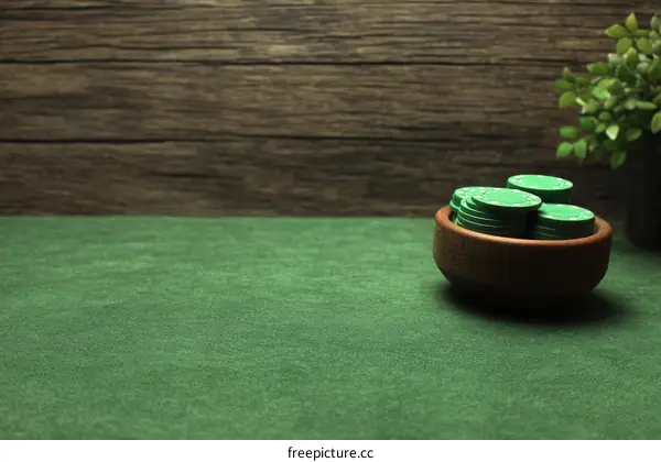 Green Poker Chips in Wooden Bowl on Green Felt Table