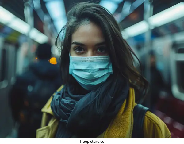 Portrait of a young woman wearing a mask on a subway train