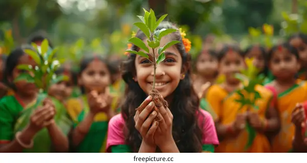 Indian girl holding a plant in her hands