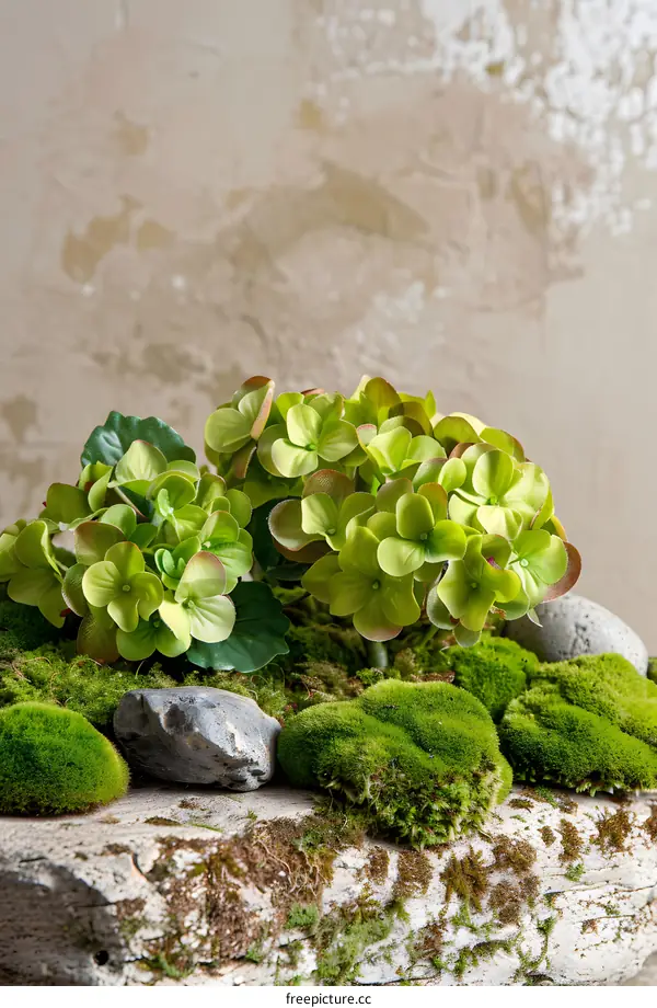Green Hydrangea Flower Arrangement with Moss and Stones