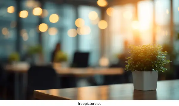 Modern Office Interior Blurred Background with Small Plant