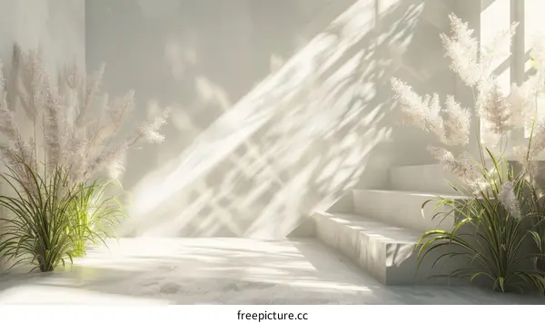 Calming Minimalist Decor with Green Plants on Steps