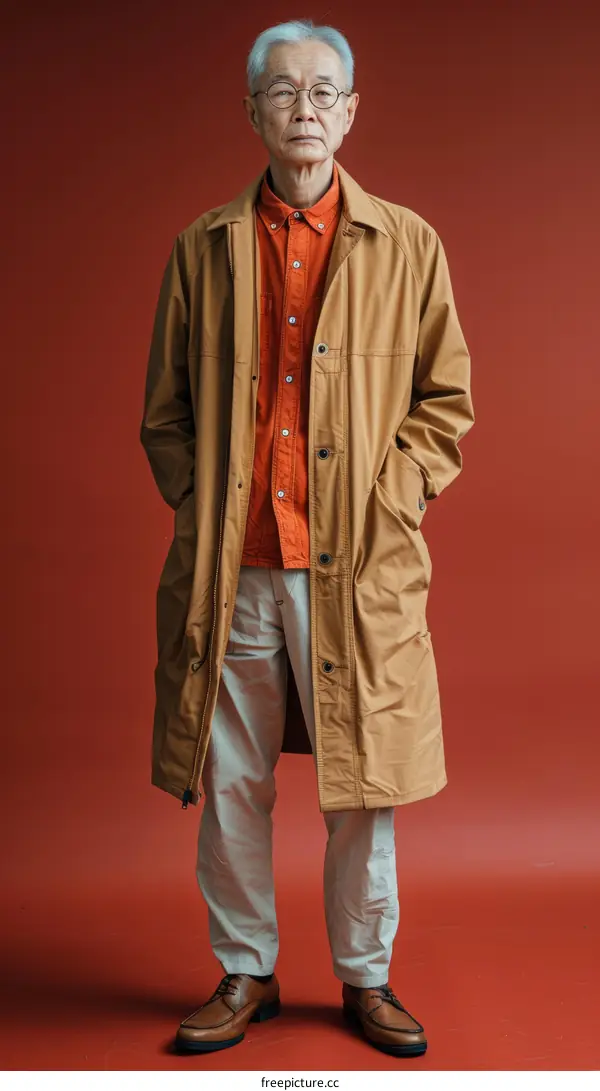 Portrait of a senior man wearing a brown coat and orange shirt