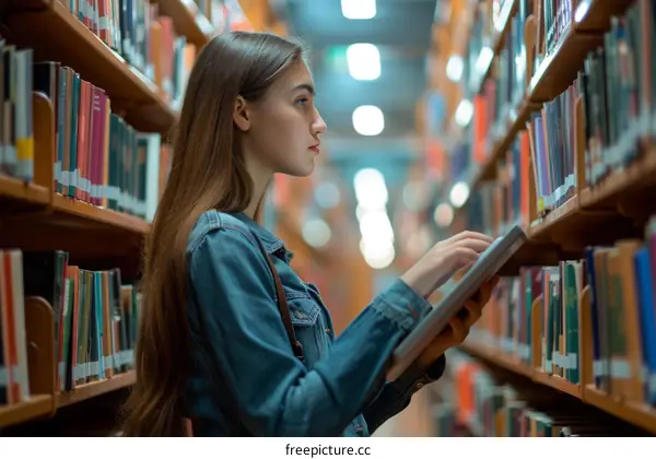 A young woman is reading a book in the library