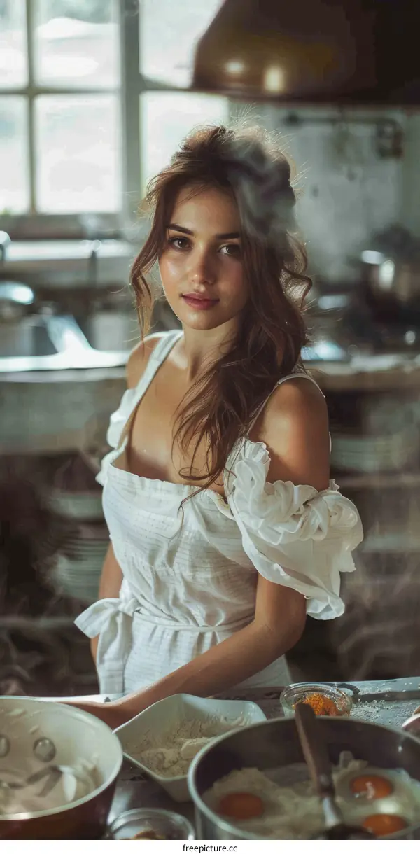 Portrait of a Beautiful Woman in a White Dress Standing in a Kitchen