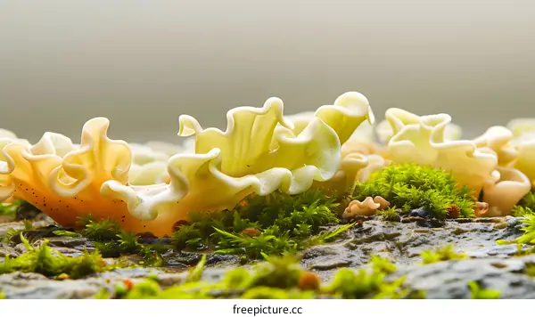 Close Up Of Yellow Mushrooms On Moss