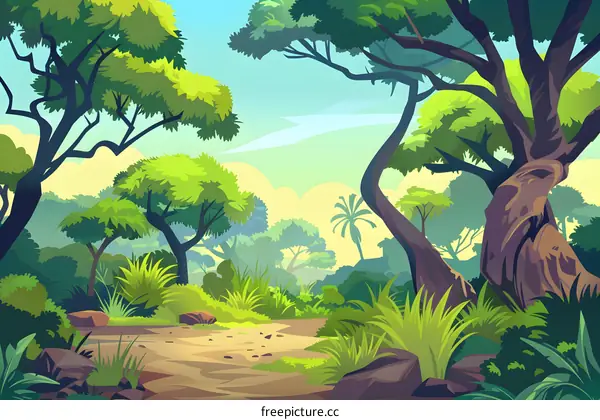 Green Forest Illustration with Lush Trees and a Dirt Path