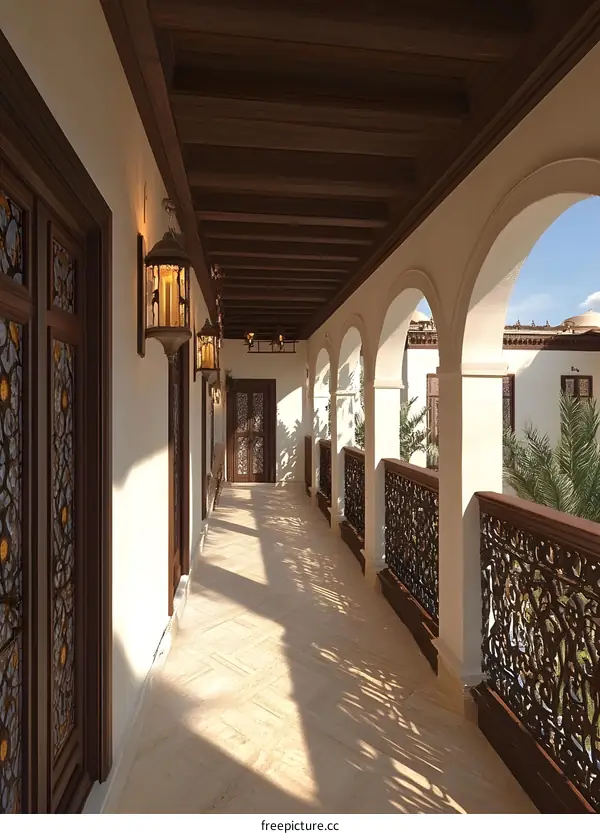Intricate Wooden Carving Balustrade And Arched Ceiling Corridor