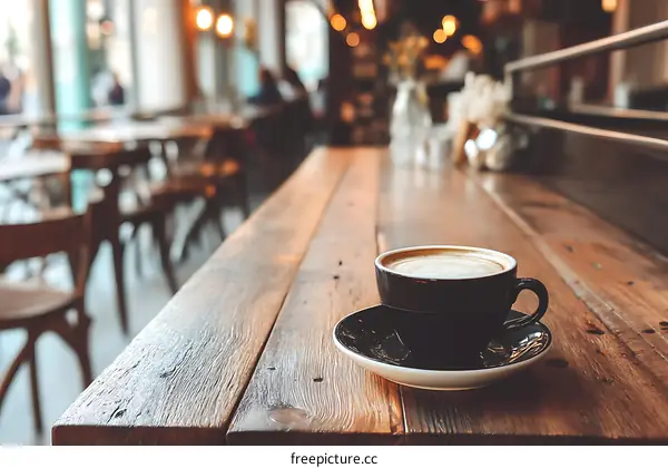 Wooden Cafe Table with Coffee Cup and Blurred People