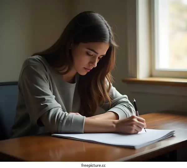 Young Woman Writing at a Desk Near a Window