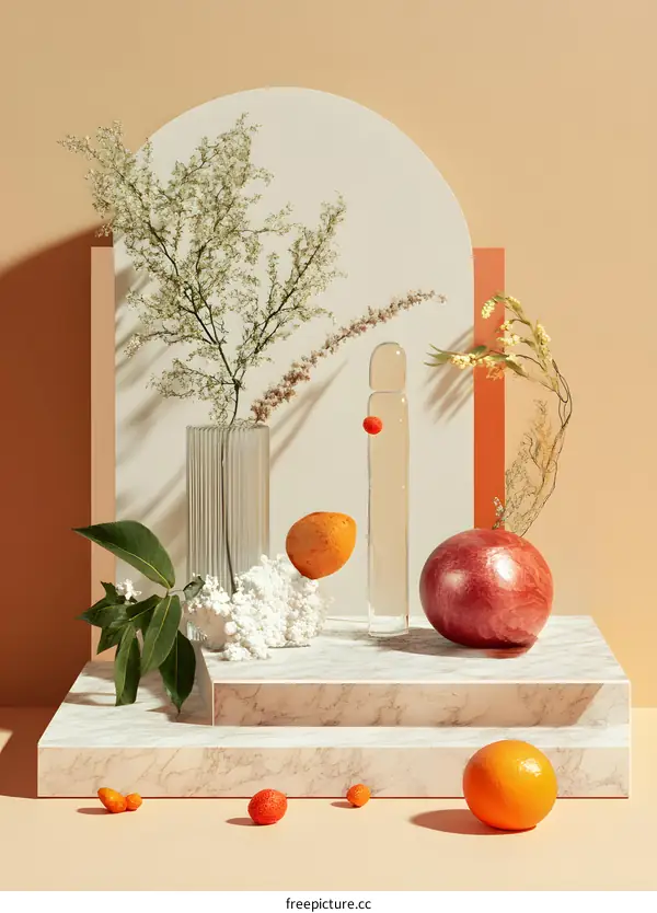 Still Life Photography with Dried Flowers and Fruit on a Marble Platform