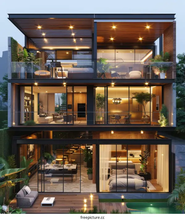 A three-story modern house with a pool