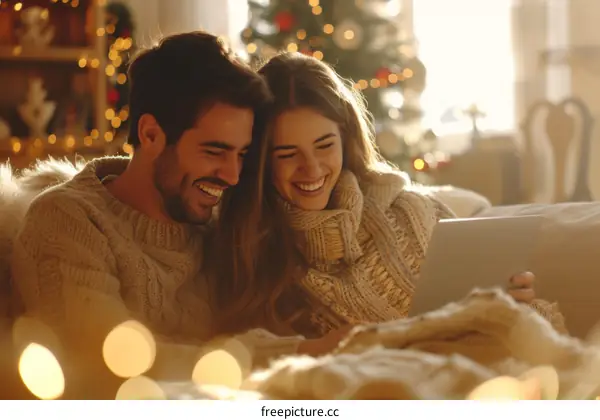 A young couple is sitting on a couch and looking at something on a digital tablet.
