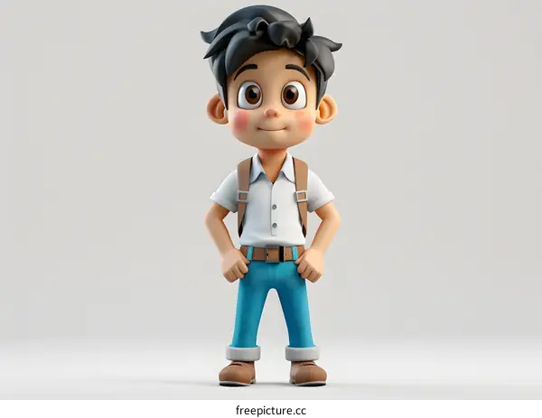 A 3D illustration of a school boy with brown hair and blue pants